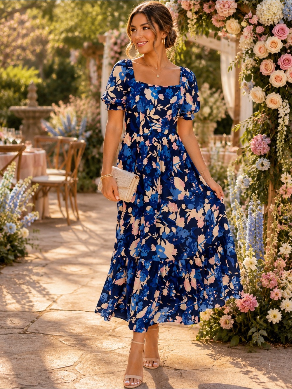 NWOT Blue Floral Maxi Dress with Puff Sleeves
